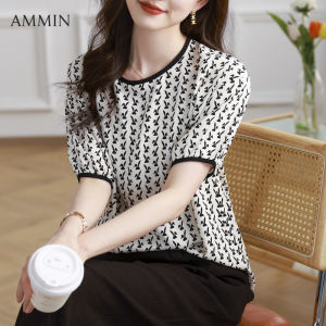 AMMIN summer new simple round neck fashion cartoon rabbit print short sleeve chiffon shirt womens Korean version style sweet Puff sleeve animal print elegant blouse