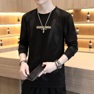 ROMON | Lormen Mens Long Sleeve T-shirt Casual Round Neck Printed Sweatshirt Standard Fit Fashion Urban Style Antibacterial Base Shirt