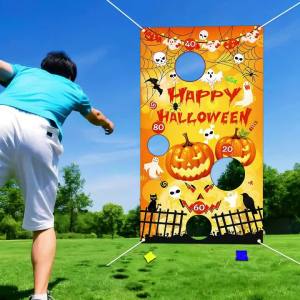 Halloween Bean Bag Toss Game Banner Pumpkin Bat Skull Print Throwing Game Backdrop for Yard Garden Carnival Party Activity Decor