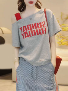 Shalldoer | Grey Shoulder Bared T-Shirt Womens Summer New Style Letter Print Casual Fashion Creative Design Short Sleeve Round Neck Top