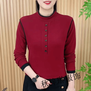 Fashionable Color Block Button round Neck Long Sleeve Womens T-shirt Spring New Style Mom Clothes Slimming Base Layer Top