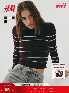 H&M Womens Knitted Sweater round Neck Striped Inner Wear Long Sleeve Casual Style Winter New Arrival Comfortable Medium Softness