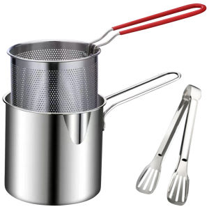 【Vodool】Kitchen Fryer with Strainer & Food Tongs Stainless Steel Fry Pot Tempura Small Deep Frying Pan for Kitchen Fried Chicken