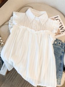 White Sleeveless Chiffon Shirt Womens Summer French Style Loose Western Style Slimming Flounce Flying Sleeves Shirt Vest Tops