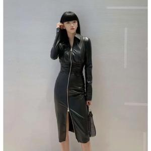 Black PU Matte Leather Dress Slimming Waist Design Natural Waist Commute Style Long Sleeve Short Skirt X-Shape Autumn Dress