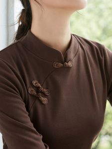 Nhung Hai Mặt Phong Cách Trung Quốc Cải Tiến Sườn Xám Áo Sơ Mi Cơ Sở Nữ Cổ Đứng Cài Nút Mùa Thu Mùa Đông Mặc Bên Trong Áo