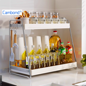 Cambond ชั้นวางเครื่องปรุง 2ชั้น สแตนเลส กันสนิม ประหยัดพื้นที่ ชั้นวางของในครัว สำหรับขวดซอสและเครื่องเทศ Seasoning Rack