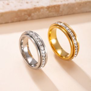 Womens Anxiety Ring Titanium Steel Spinner Fidget Ring with Cubic Zirconia for Anxiety Relief Wedding Promise Lucky Ring Titanium Steel Spinner Cubic Zirconia Eternity Band for Women and Men Fidget Ring Size 5-10 Rotatable Anxiety Relief Ring Fa...
