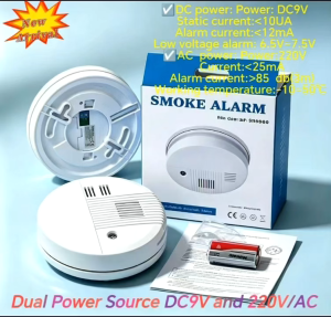 Dual‑Power Smoke Alarm 220V AC Main with 9V DC Backup Battery 85dB High‑Sensitive Smoke Detector Low Voltage Reminder Fire Alarm Sensor for Home Apartment Store Warehouse Ceiling Safety Monitoring