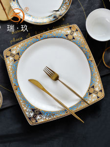 Elegant Gold Rimmed Bone China Dinner Plate European Style 10 Inch Steak Plate Carving Dish Home Use Luxury Flatware Dish