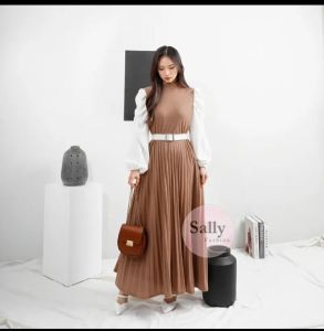 0NAJWA - Dress Wanita Vanni Lengan Puff Rib Knit Plikset - Gaun Wanita