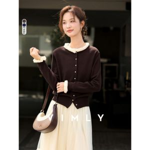 Vimly | Áo Cardigan Len Nữ Màu Xanh Hải Quân Cổ Tròn Kết Hợp Màu