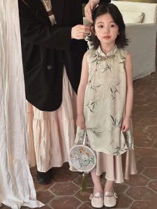 New Chinese Style Childrens Cheongsam Skirt for Girls Big Kids Traditional National Fashion Daily Dressing Lake Success