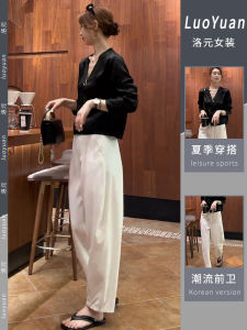 Summer Thin Long Sleeve Shirt Womens Black V-neck Casual White Pants Two-piece Set Polyester Fiber round Neck Short Sleeve