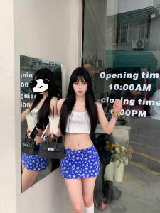 Váy Ngắn Họa Tiết Hoa Màu Xanh Cạp Cao Dáng Chữ a Phong Cách Ngọt Ngào Thường Ngày Mùa Xuân Thu Váy Ngắn Chữ a