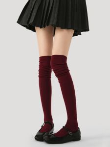 Angora Red Knee Socks Miu Series Pure Color Stockings Ins Same Style Calf Socks Vertical Stripes Slim Looking Bunching Socks Autumn