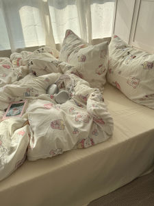 Ins Style Washed Cotton Pure Color Bedding Set Cheese Pattern Student Dormitory Bed Sheet Cover Three Piece Set Soft Polyester