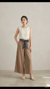Ginza6 Cotton Linen High Waist Wide Leg Trouser Pants Culottes for Women Elastic Waist Baggy Plus Size 688#