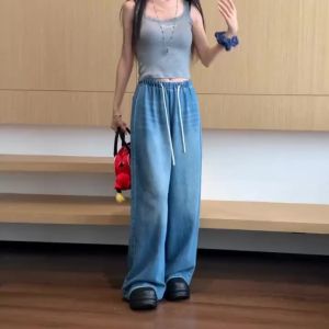 S-6XL Plus Size Loose Wide Leg Jeans Drawstring Elastic Waist Denim Pants for Women