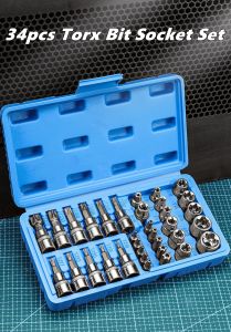 34pcs Torx Bit Socket and E-Torx Star Socket Set 1/4" 3/8" 1/2" Drive Male Female E-torx Security Bits Handheld Tool