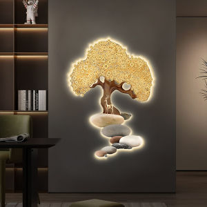 Luxurious LED Lighted Decorative Painting Gold Tree Bringing Fortune for Entrance Hallway Corridor End Passage Stairwell Hanging Artwork