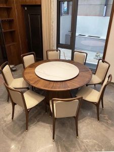 Modern Chinese Style round Marble Top Rotating Table Six Chairs Solid Black Walnut Wood Dining Table 135 Meters 150 Centimeters
