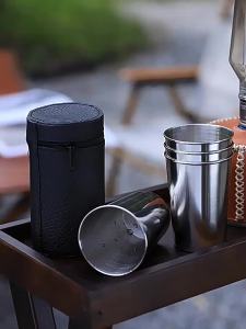 OUHOE | [J] 4pcs/set 30ML Stainless Steel Cups Set Outdoor Portable Glass Set With Leather Case Mini Glasses