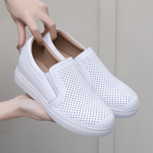 Fashionable Womens Hollow out Leather Slip-On Shoes Spring Summer Soft Bottom Platform Sneakers Casual Loafers Comfortable Footwear