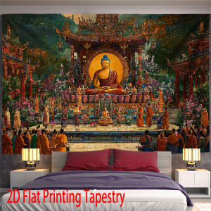 VIKAMA Zen Space Tapestry with Buddha Dharma Teaching Grand Scene Chinese Temple Zen Mural for Living Room and Wall Decor