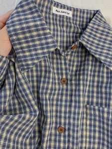 Retro Blue Plaid Color Block Long Sleeve Shirt Spring Autumn Casual Loose Top Coat Vintage Style Straight Cut Hollow out Design