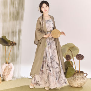QiJin Original Song Dynasty Hanfu Embroidered Wrap Dress Set New Chinese Style Collarless Outer Shirt And Strap Dress