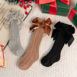 Spring Autumn Baby Girls Big Bowknot Knee High Socks Kids Cotton Solid Leg Warmers Toddler Long Princess Sock For 0-5Years