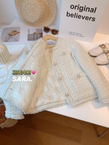 Thickened Winter Womens Woolen Coat with down Inner Small Fragrance Style Pearl Button Knitted Outerwear Long Sleeve round Neck