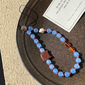 BasicSpark Phone Lanyard Cat Blue Brown Color Block Autumn/Winter Beaded Phone Charm Earphone Bag CCD Phone Pendant