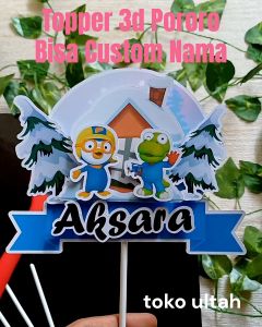 Topper Cake 3D Pororo Bisa Custom Nama untuk Hiasan / Dekorasi Kue Ulang Tahun