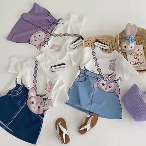 2 In 1 Tshirt & Dress for Baby Girl Cute Cartoon Print Double-Layer Short-Sleeved Long T-Shirt Dress for Kids Girls