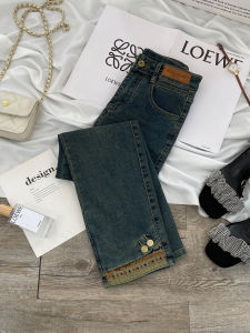 Retro High Waist Slim Fit Fleece Lined Embroidered Denim Pants Womens Autumn Winter Straight Leg Jeans Casual High Temperature Resistant