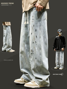 American Style Mens Jeans Spring Autumn Casual Distressed Dyeing Washed Straight Loose Casual Micro Flared Pants