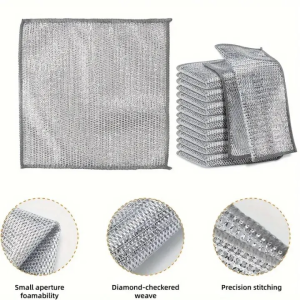 Reusable Silver Wire Cleaning Cloths Dish Towel Rag Steel Wire Non Stick Oil Kitchen Pan Pot Dishcloth Rags Scouring Pads Clean Too