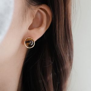 KUZH | Aesthetic Minimalist Chic 925 Sterling Silver Tiger Eye Stone Earrings
