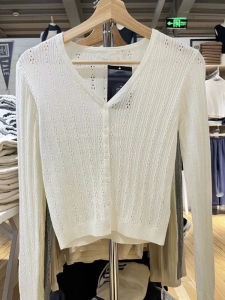 American Style Long Sleeve V-Neck Knitted Hollow out Button up Sweater Casual Commute Pure Cotton Coat Length Regular