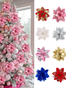 1/5/10pcs Christmas Poinsettias Artifical Flowers Pink Gold Silver Glitter Fake Flowers without Sticks Christmas Party Supplies Xmas Tree Decor Christmas Decorations for Home 2026