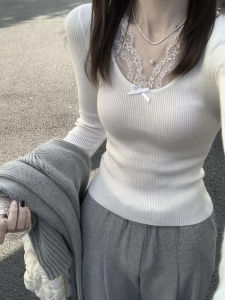 เสื้อถักแขนยาวผู้หญิงฤดูใบไม้ผลิและฤดูใบไม้ร่วงแบบใหม่ทรงสลิมฟิตเนสเสื้อชั้นในลายลูกไม้เนื้อนุ่มสบาย