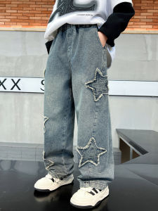 Korean Style Fleece Lined Loose Fit Boys Jeans Straight Leg Long Pants Warm Childrens Clothing Autumn Winter New Arrival