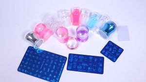 Happy Pretty Shop Coucou French Tip Stamper Clear Silicone Head Manicure Scraper Transfer Templates Printing Kits Nail Art Stamping Plates