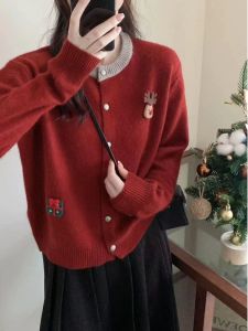 Sweet Cute Christmas Red Knitted Sweater Womens Open Cardigan Autumn Winter New Style Warmth Flattering Embroidered Decorated