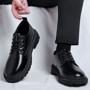 Mens Business Casual Shoes British Style Wedding Attendant Black Leather round Toe Ultra Thin Sole Winter Collection 2023