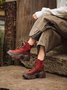 รองเท้าบูทผู้หญิงหนังวัวชั้นเดียวหนา บุขนแกะสีแดง บูทหุ้มข้อสั้น บูทมาร์ตินพื้นหนา สไตล์ย้อนยุค ฤดูหนาว บูทแฟชั่น