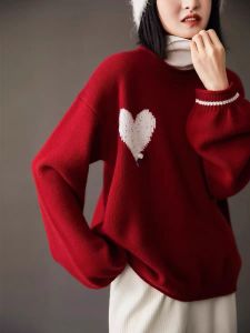 Christmas Atmosphere Red Heart Embroidery Sweater Winter New Style Sweet Youth Slimming Wool Knitted Shirt Womens Fashion