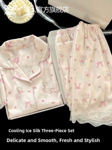 MiiOW | Cat Woman Summer Thin Ice Silk Sleepwear Short Sleeve Home Clothes Three Piece Set Cute Cartoon New 2025 Outdoor Wear